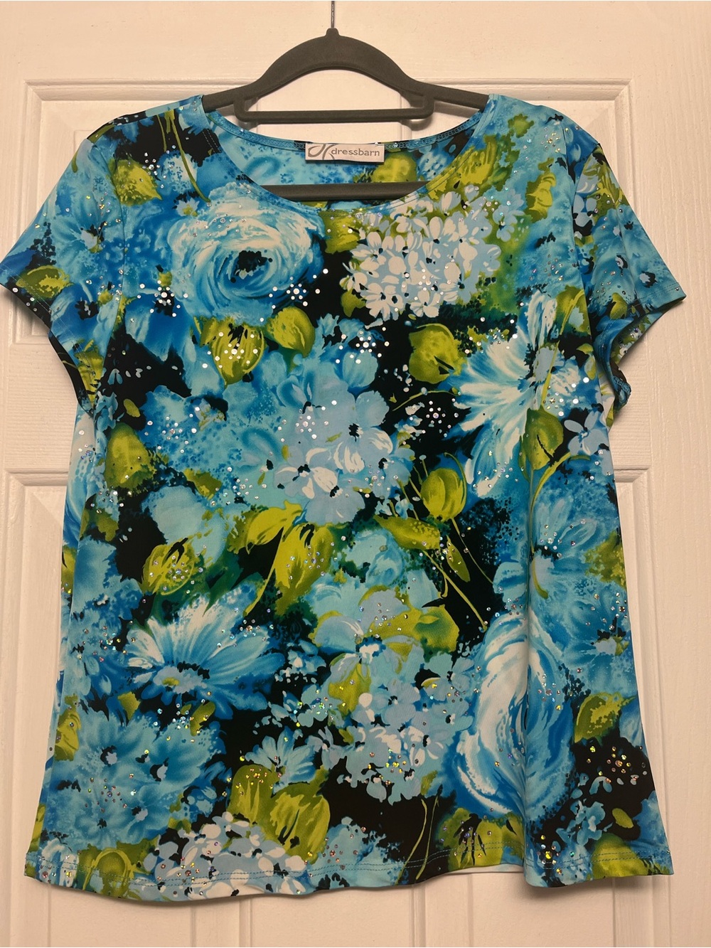 dressbarn Blue & Green Floral Short Sleeve Top